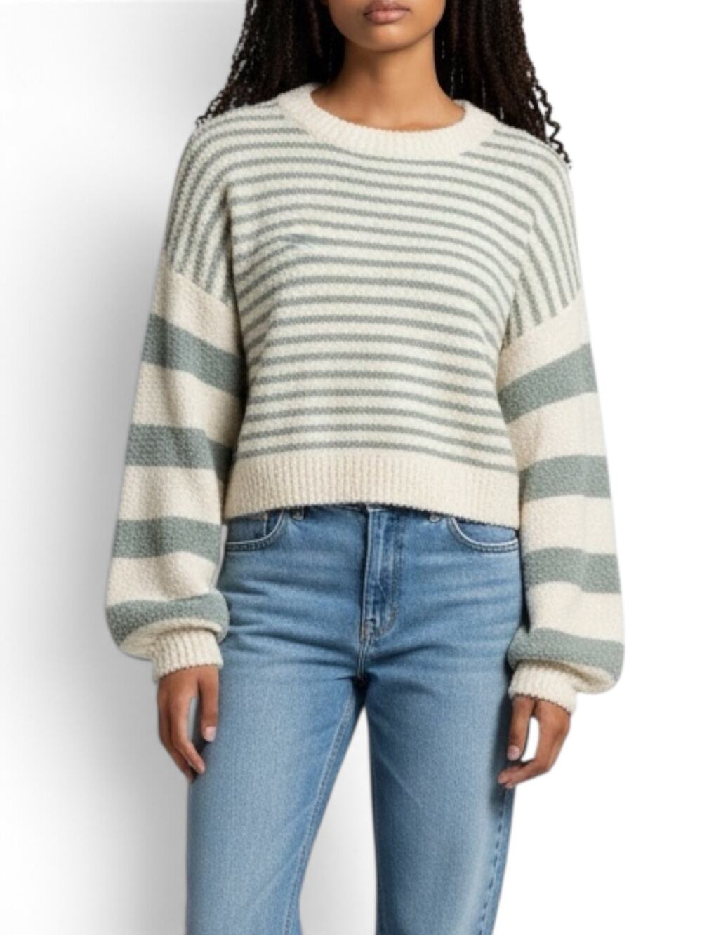 Altar'd State Striped Fuzzy Knit Cropped Sweater Balloon Sleeve Cream/Green S/M